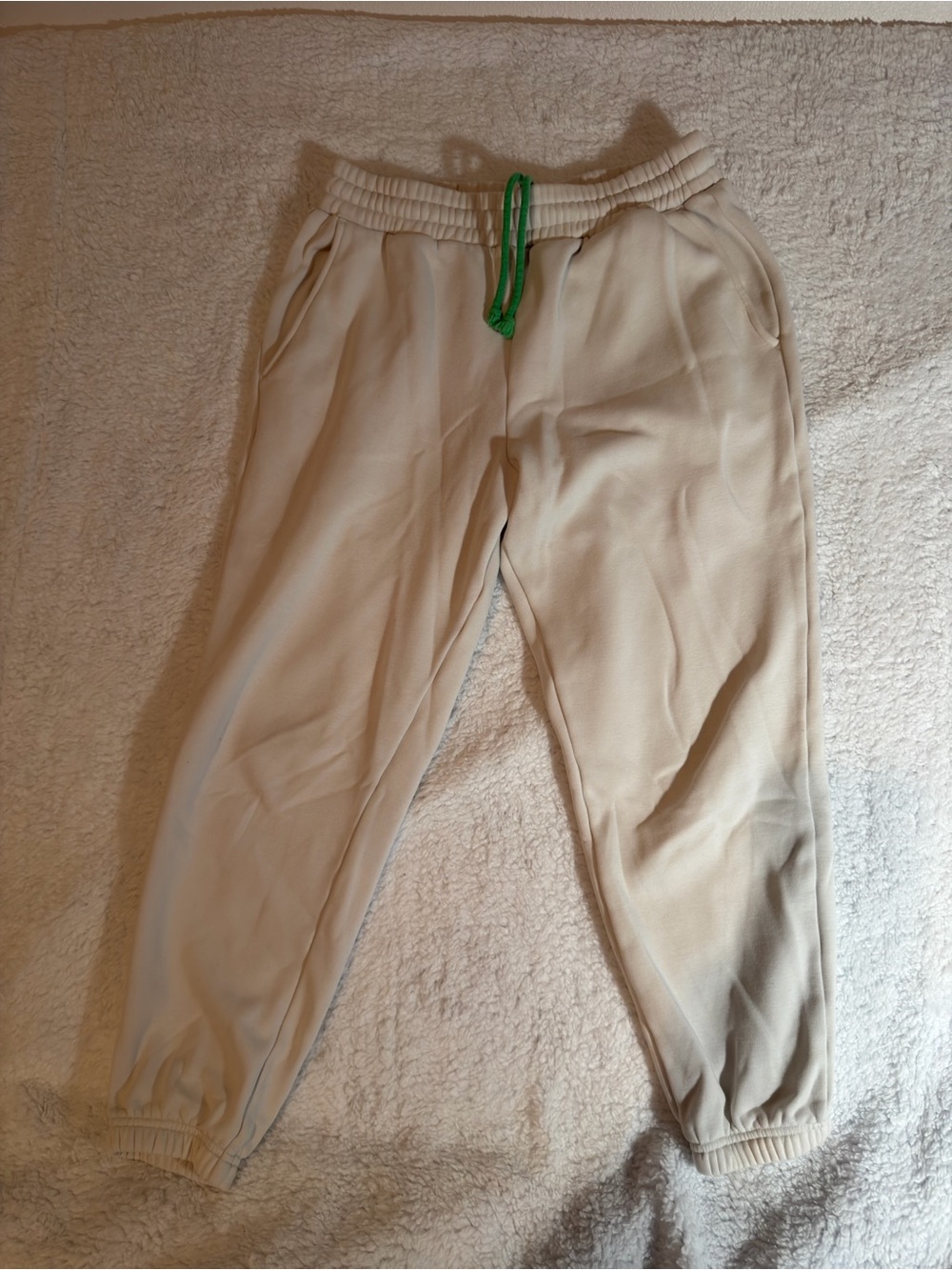 Fabletics Cream White Sweatpants with Green Drawstring